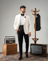 WHITE TUXEDO SUIT WITH BLACK TROUSERS