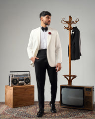 WHITE TUXEDO SUIT WITH BLACK TROUSERS