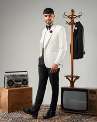 WHITE TUXEDO SUIT WITH BLACK TROUSERS