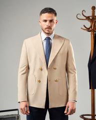 BEIGE DOUBLE-BREASTED BLAZER WITH NAVY-BLUE TROUSERS