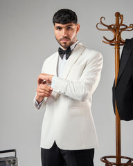 WHITE TUXEDO SUIT WITH BLACK TROUSERS
