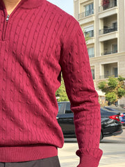Burgundy Braided Zipped Pullover