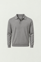 Men's Heathered Light Grey Long-Sleeve Polo Sweater